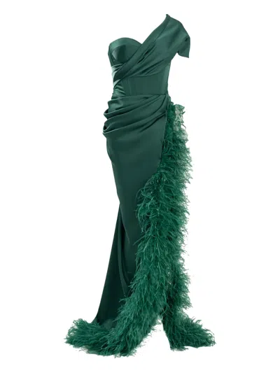 Ana Radu Feather-detail One-shoulder Maxi Dress In Green