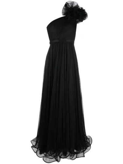 Ana Radu Floral-appliqué One-shoulder Gown In Black