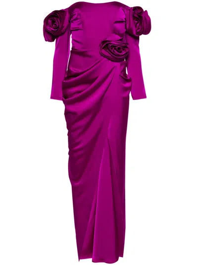Ana Radu Floral-appliqué Satin Gown In Purple