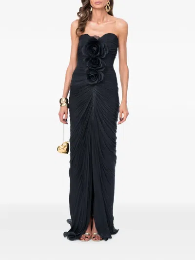 Ana Radu Floral-appliqué Ruched Maxi Dress In Black