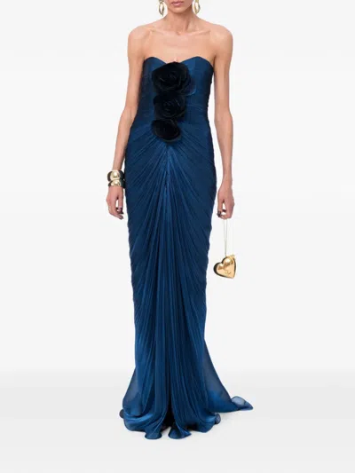 Ana Radu Floral-applique Ruched Maxi Dress In Blue