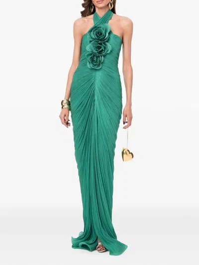 Ana Radu Floral-appliqué Ruched Maxi Dress In Green