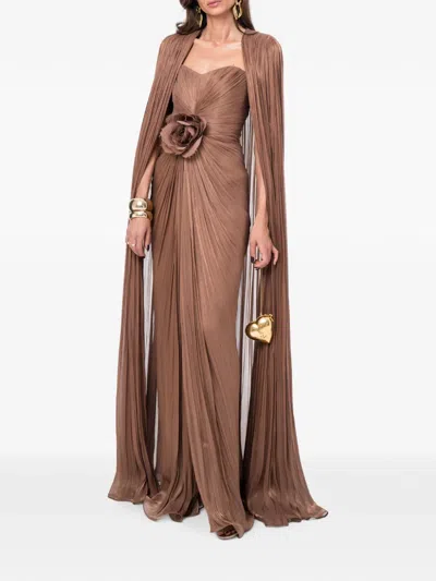 Ana Radu Floral-detail Pleated Maxi Dress In Brown