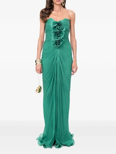 Ana Radu Floral-detail Pleated Maxi Dress In Green