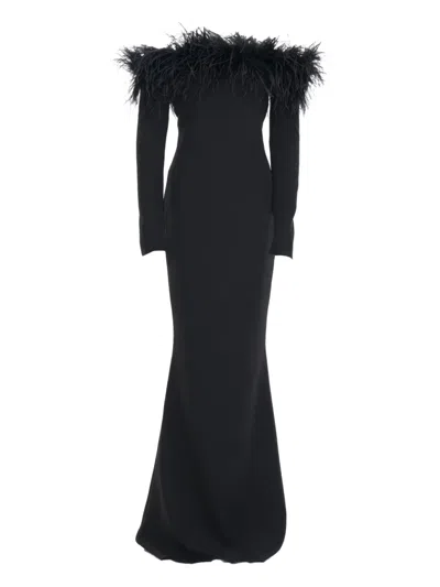 Ana Radu Off-shoulder Feather-trim Gown In Black