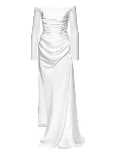 Ana Radu Off-shoulder Lace-sleeved Gown In White