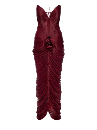 Ana Radu Rose-embellished Pleated Dress In Red