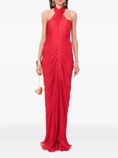 Ana Radu Ruched Halterneck Maxi Gown In Red