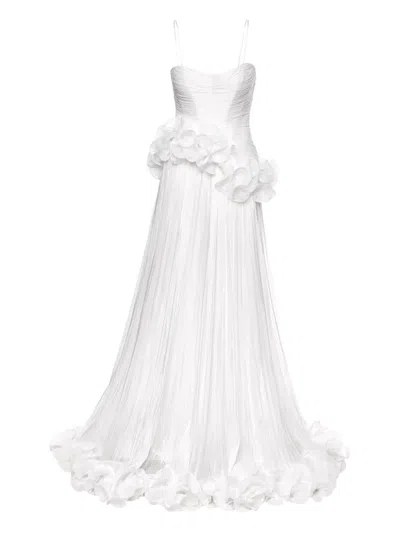 Ana Radu Ruffled-appliqué Pleated Gown In White
