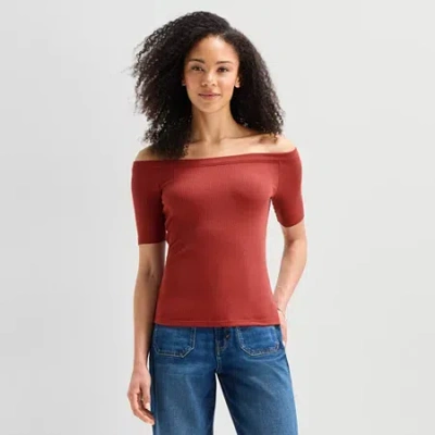 Ana Ribbed Off The Shoulder Womens Straight Neck Short Sleeve Blouse In Red