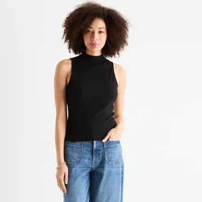 Ana Ribbed Womens Funnel Neck Sleeveless T-shirt In Black