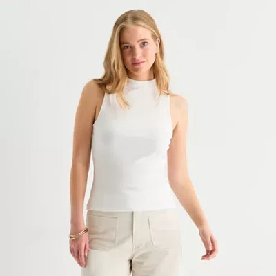 Ana Ribbed Womens Funnel Neck Sleeveless T-shirt In White