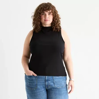 Ana Ribbed Womens Plus Funnel Neck Sleeveless T-shirt In Black