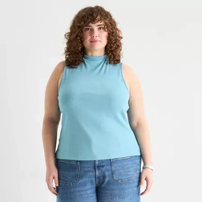 Ana Ribbed Womens Plus Funnel Neck Sleeveless T-shirt In Blue