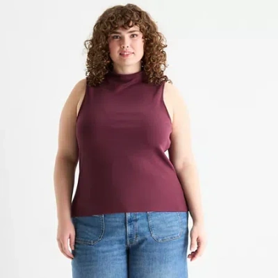 Ana Ribbed Womens Plus Funnel Neck Sleeveless T-shirt In Purple