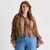 Ana Ruffle Womens Plus Y Neck Long Sleeve Blouse In Brown