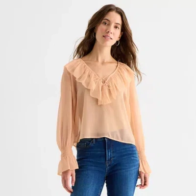 Ana Ruffle Womens V Neck Long Sleeve Blouse In Orange