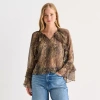Ana Ruffle Womens Y Neck Long Sleeve Blouse In Brown