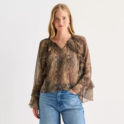 Ana Ruffle Womens Y Neck Long Sleeve Blouse In Brown