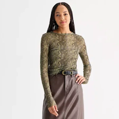 Ana Sheer Womens Crew Neck Long Sleeve T-shirt In Brown