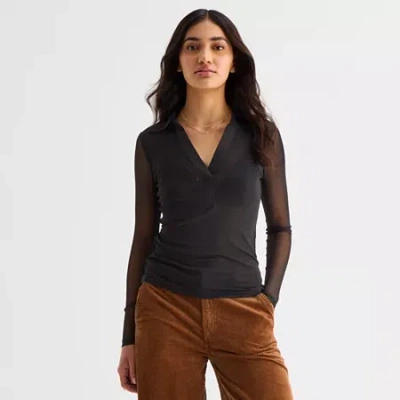 Ana Sheer Womens Long Sleeve Polo Shirt In Black