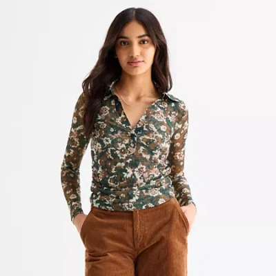 Ana Sheer Womens Long Sleeve Polo Shirt In Gray