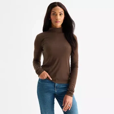 Ana Sheer Womens Mock Neck Long Sleeve T-shirt In Brown