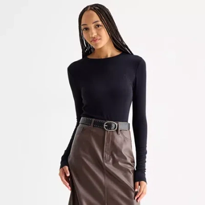 Ana Sheer Womens Round Neck Long Sleeve T-shirt In Black