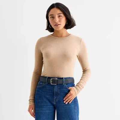 Ana Sheer Womens Round Neck Long Sleeve T-shirt In Sand