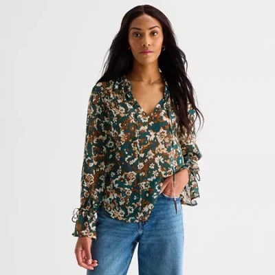 Ana Sheer Womens Split Tie Neck Long Sleeve Blouse In Gray