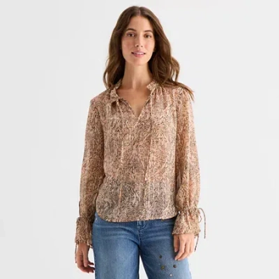 Ana Sheer Womens Split Tie Neck Long Sleeve Blouse In Sand