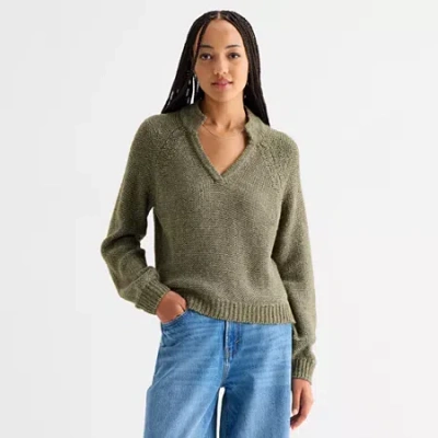 Ana Tall Womens Split Crew Neck Long Sleeve Pullover Sweater In Green