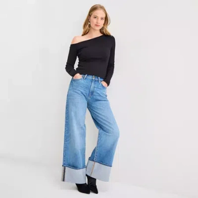 Ana Womens Asymmetrical Neck Long Sleeve T-shirt In Black