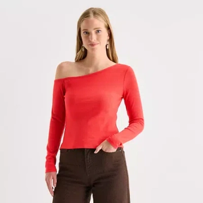 Ana Womens Asymmetrical Neck Long Sleeve T-shirt In Red