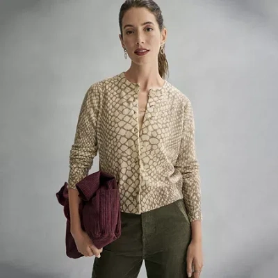 Ana Womens Crew Neck Long Sleeve Button Animal Cardigan In Sand