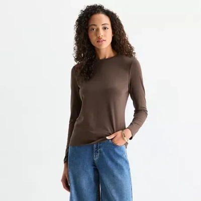 Ana Womens Crew Neck Long Sleeve T-shirt In Brown