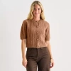 Ana Womens Crew Neck Short Sleeve Button Cardigan In Brown