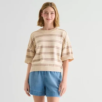Ana Womens Crew Neck Short Sleeve Striped Pullover Sweater In Sand