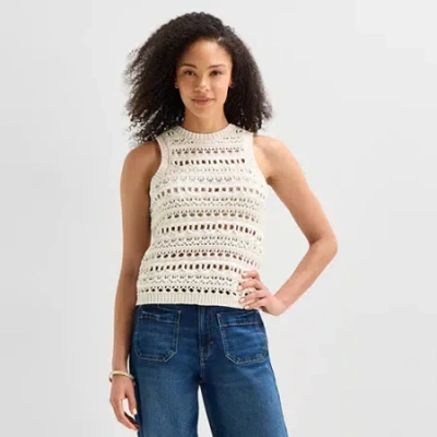 Ana Womens Crew Neck Sleeveless Striped Pullover Sweater In White