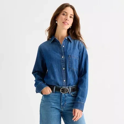 Ana Womens Cuffed Long Sleeve Regular Fit Button-down Shirt In Blue