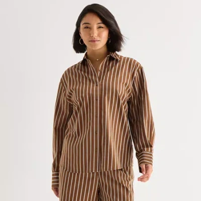 Ana Womens Cuffed Long Sleeve Regular Fit Button-down Shirt In Brown