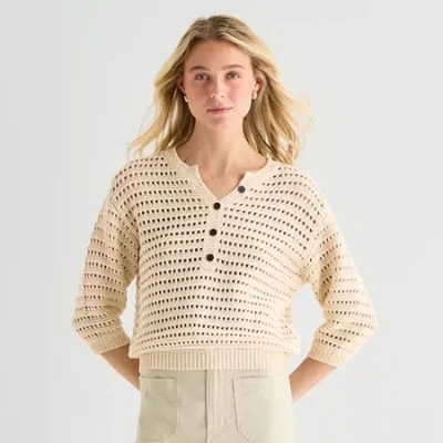 Ana Womens Henley Neck 3/4 Sleeve Pullover Sweater In Neutral