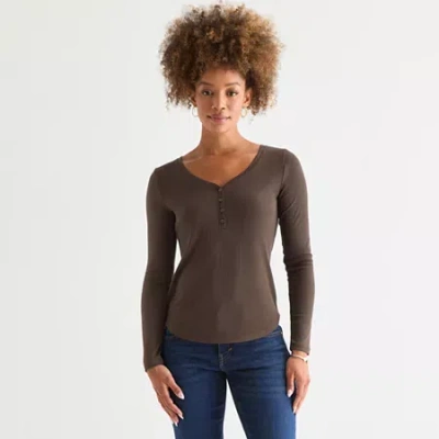 Ana Womens Henley Neck Long Sleeve T-shirt In Brown