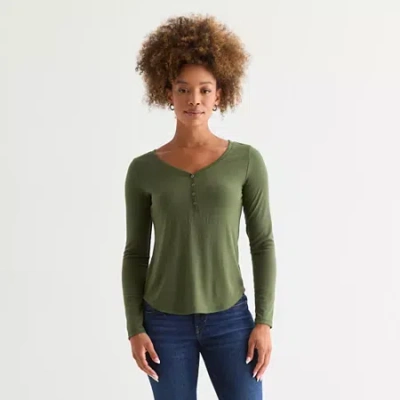 Ana Womens Henley Neck Long Sleeve T-shirt In Green