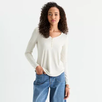 Ana Womens Henley Neck Long Sleeve T-shirt In Sand