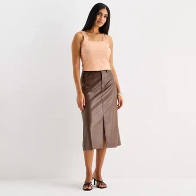 Ana Womens High Rise Long Faux Leather Pencil Skirt In Brown