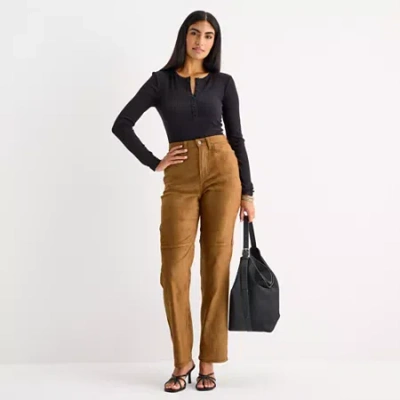 Ana Womens Highest Rise Straight Leg Faux Suede Pant In Brown