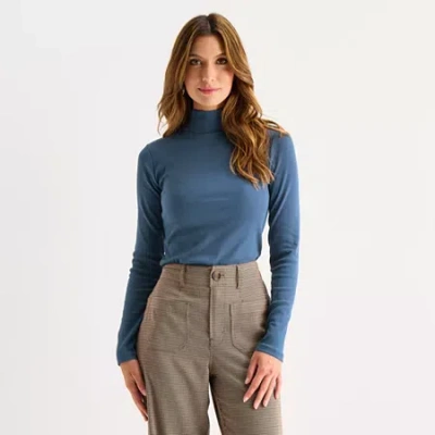 Ana Womens Mock Neck Long Sleeve T-shirt In Blue