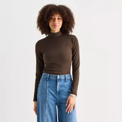 Ana Womens Mock Neck Long Sleeve T-shirt In Brown