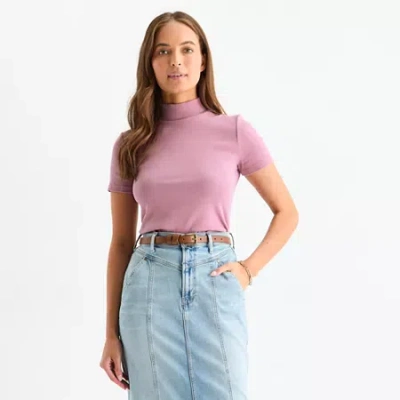 Ana Womens Mock Neck Short Sleeve T-shirt In Pink